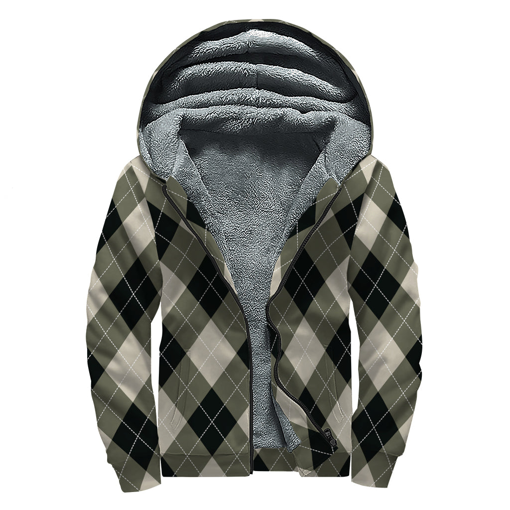 Diamond Shapes Argyle Pattern Print Sherpa Lined Zip Up Hoodie