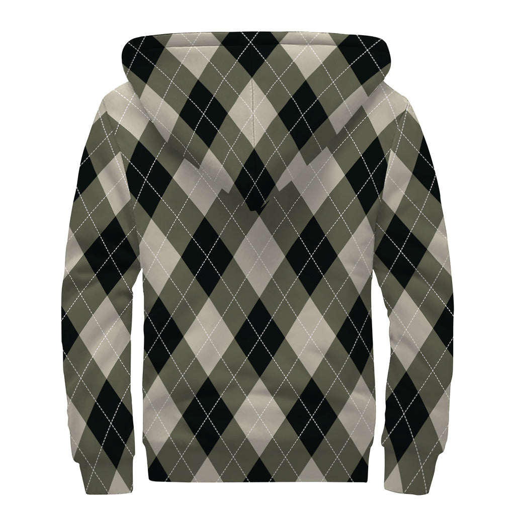 Diamond Shapes Argyle Pattern Print Sherpa Lined Zip Up Hoodie
