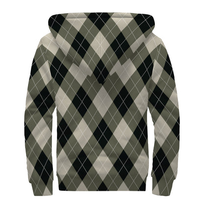 Diamond Shapes Argyle Pattern Print Sherpa Lined Zip Up Hoodie