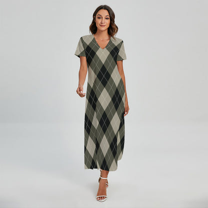 Diamond Shapes Argyle Pattern Print Short Sleeve Maxi Dress