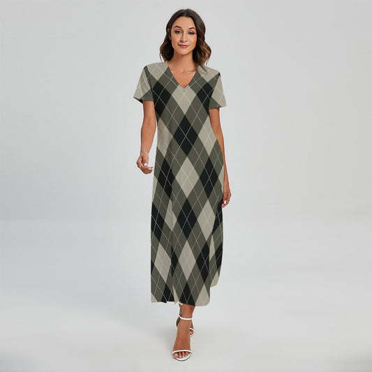 Diamond Shapes Argyle Pattern Print Short Sleeve Maxi Dress