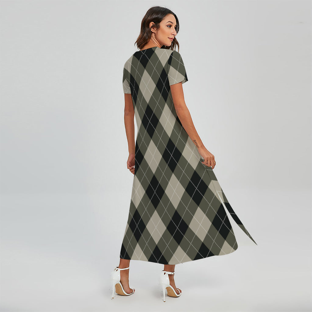 Diamond Shapes Argyle Pattern Print Short Sleeve Maxi Dress
