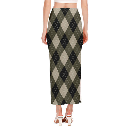 Diamond Shapes Argyle Pattern Print Side Slit Maxi Skirt