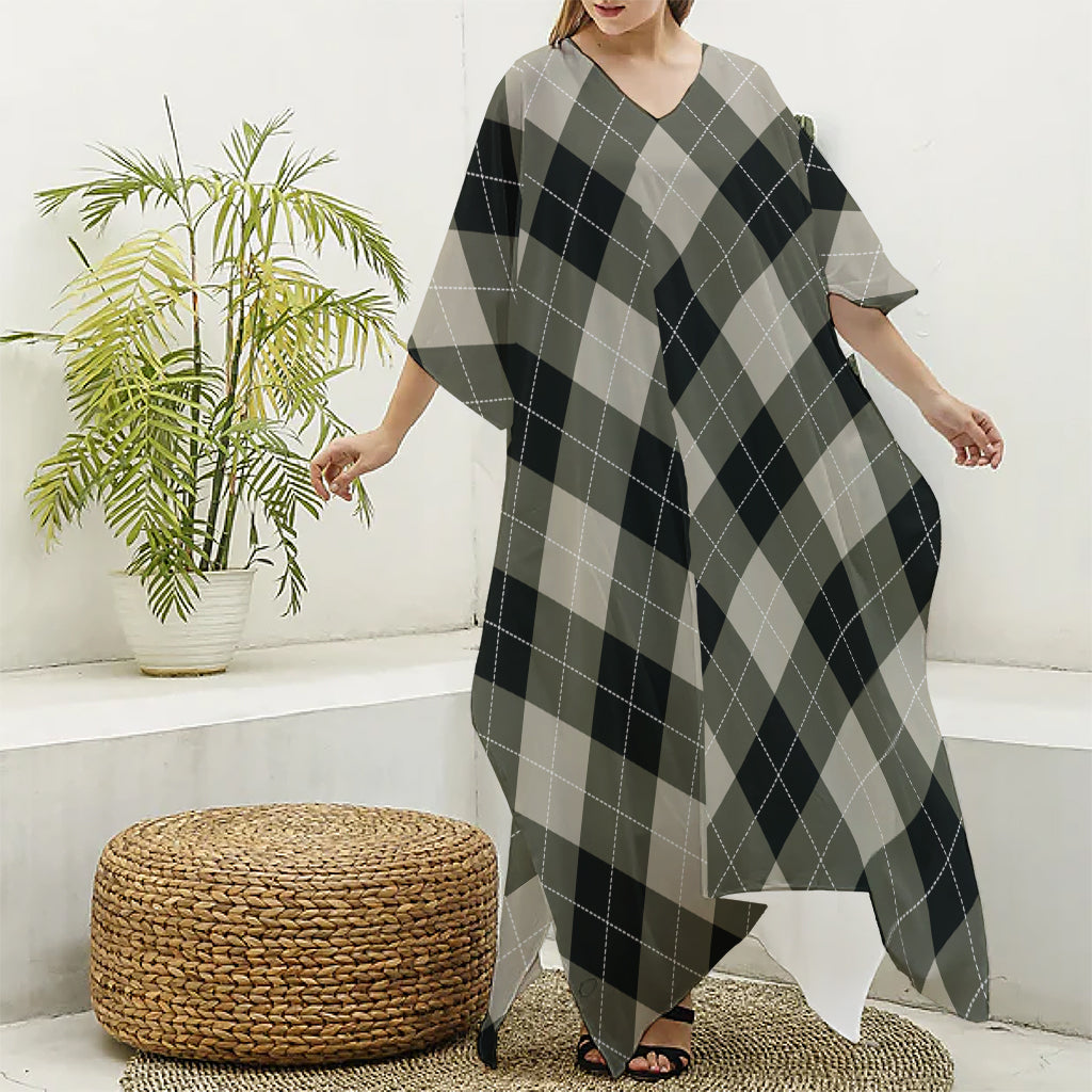 Diamond Shapes Argyle Pattern Print Silk V-Neck Kaftan Dress
