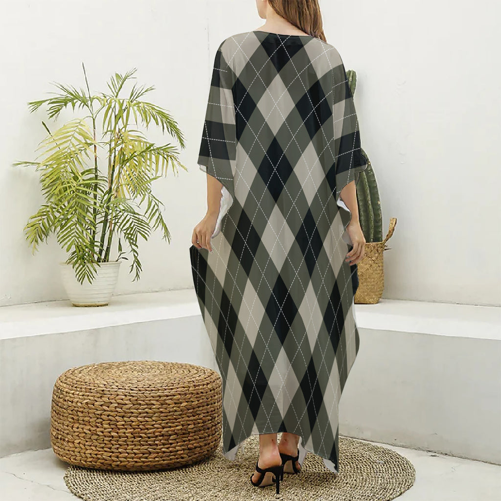 Diamond Shapes Argyle Pattern Print Silk V-Neck Kaftan Dress
