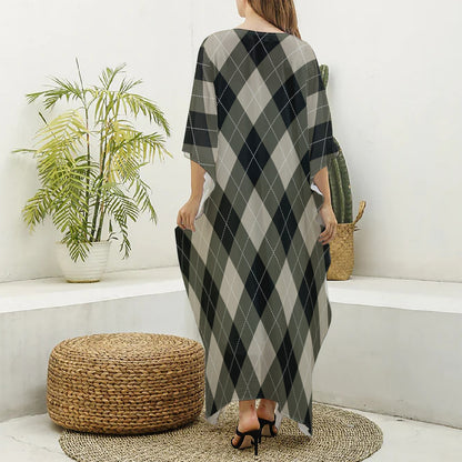 Diamond Shapes Argyle Pattern Print Silk V-Neck Kaftan Dress