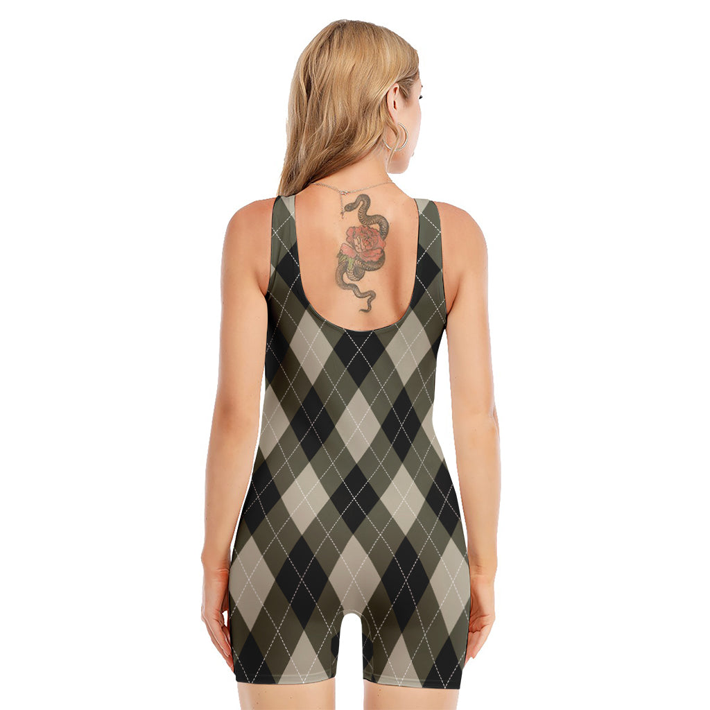 Diamond Shapes Argyle Pattern Print Sleeveless One Piece Swimsuit