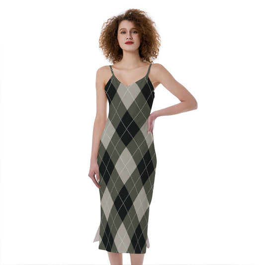 Diamond Shapes Argyle Pattern Print Slim Fit Midi Cami Dress