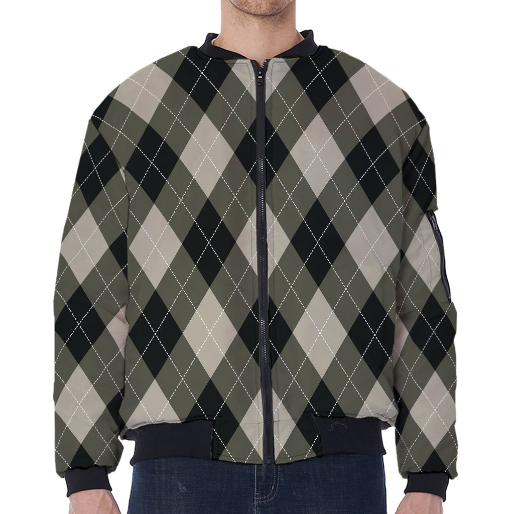 Diamond Shapes Argyle Pattern Print Zip Sleeve Bomber Jacket