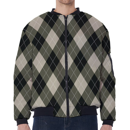 Diamond Shapes Argyle Pattern Print Zip Sleeve Bomber Jacket