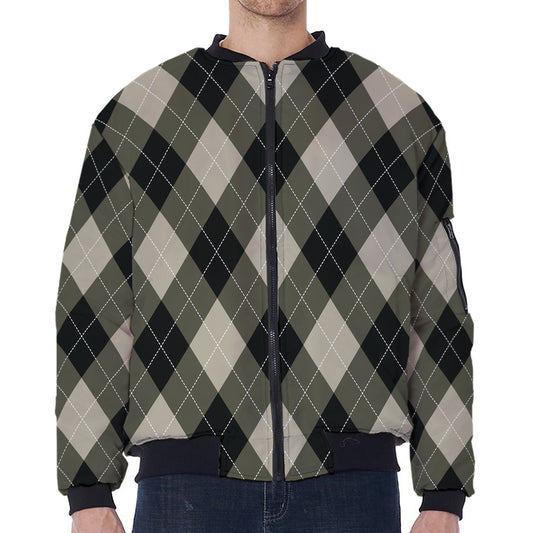 Diamond Shapes Argyle Pattern Print Zip Sleeve Bomber Jacket