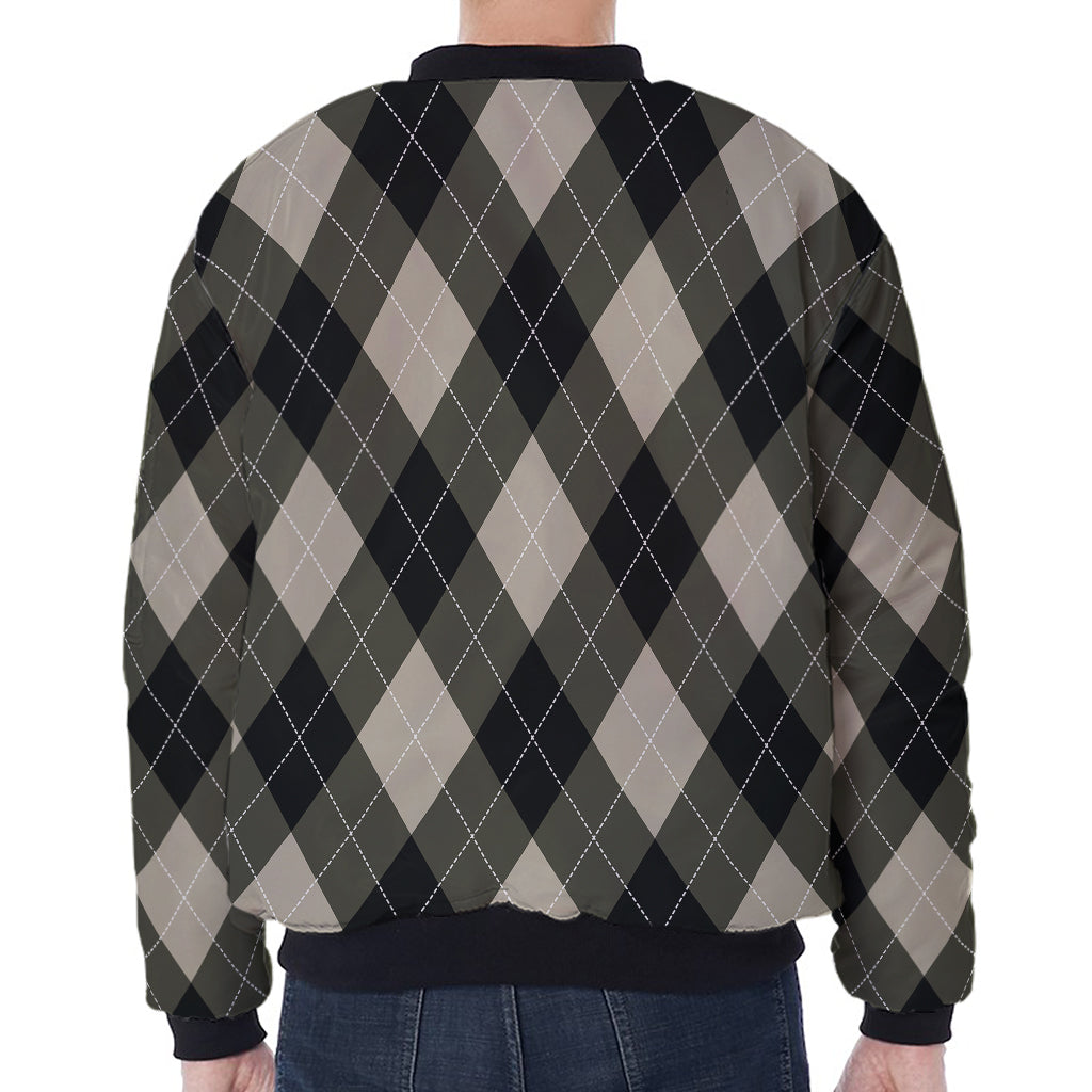 Diamond Shapes Argyle Pattern Print Zip Sleeve Bomber Jacket