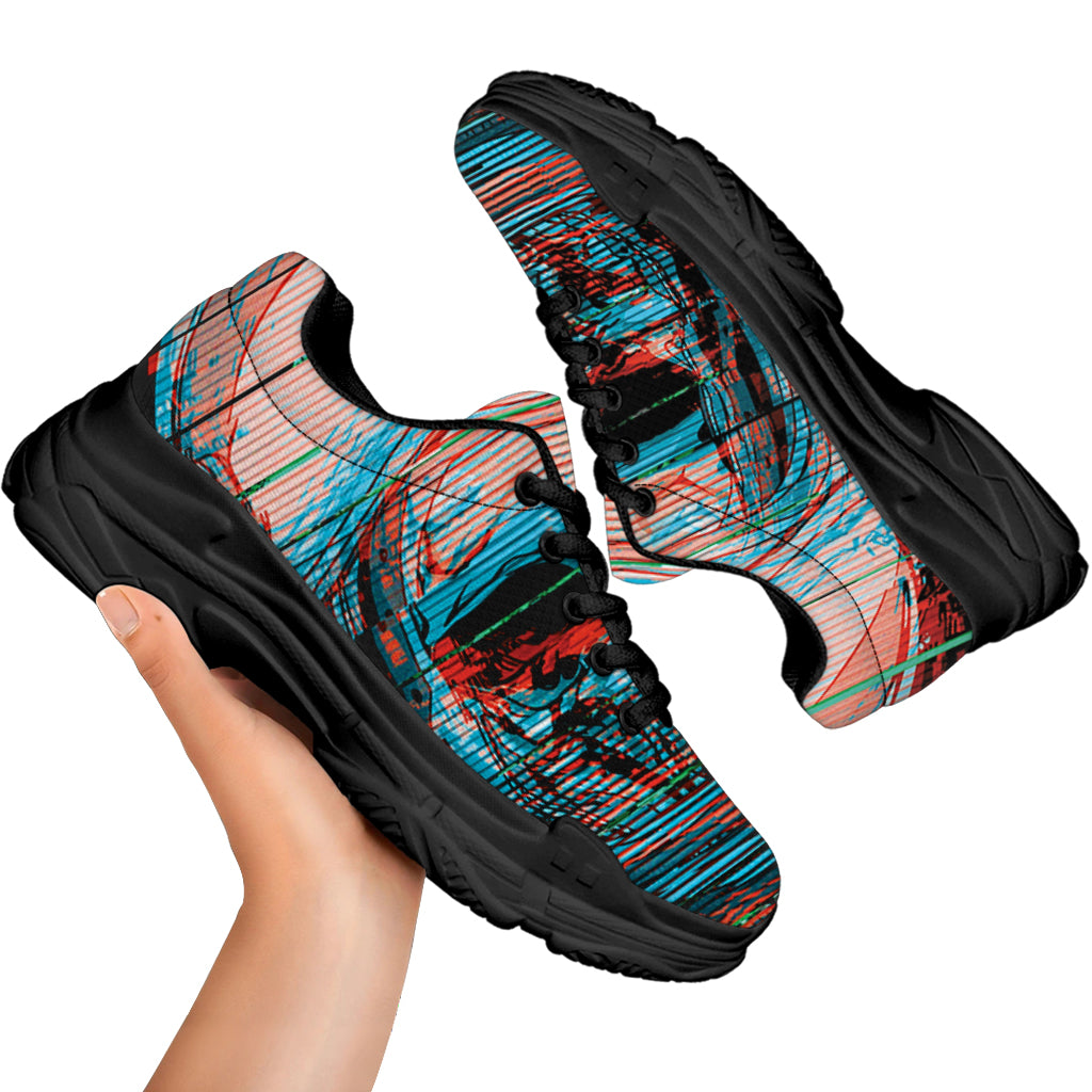 Digital Glitch Astronaut Skull Print Black Chunky Shoes