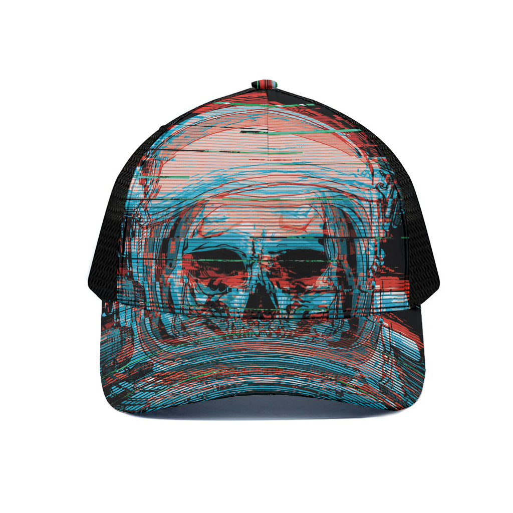 Digital Glitch Astronaut Skull Print Black Mesh Trucker Cap