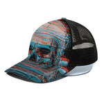 Digital Glitch Astronaut Skull Print Black Mesh Trucker Cap