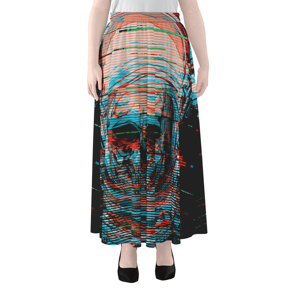 Digital Glitch Astronaut Skull Print Chiffon Maxi Skirt