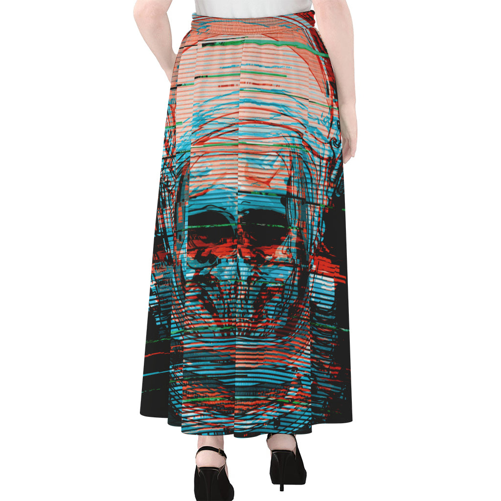 Digital Glitch Astronaut Skull Print Chiffon Maxi Skirt