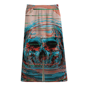 Digital Glitch Astronaut Skull Print Cotton Front Slit Maxi Skirt