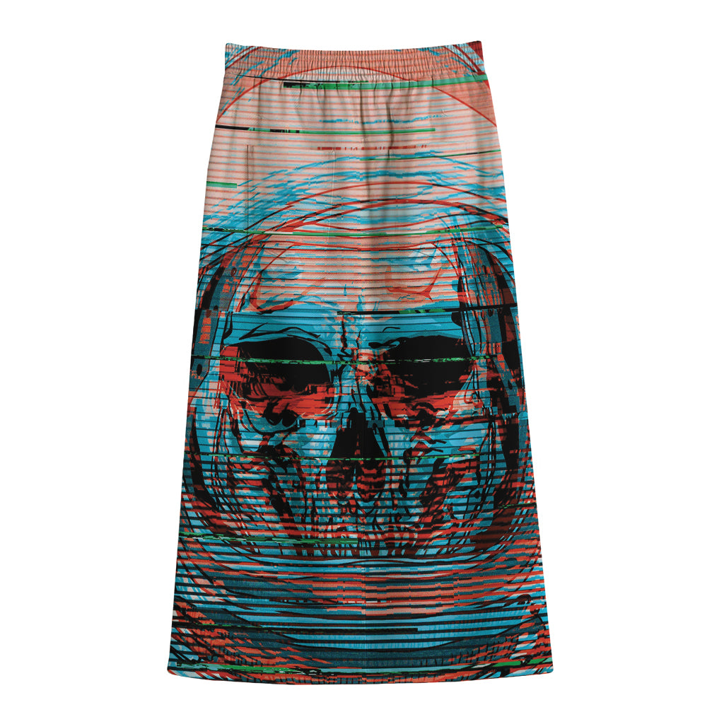 Digital Glitch Astronaut Skull Print Cotton Front Slit Maxi Skirt