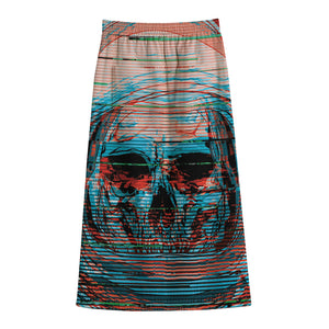 Digital Glitch Astronaut Skull Print Cotton Front Slit Maxi Skirt