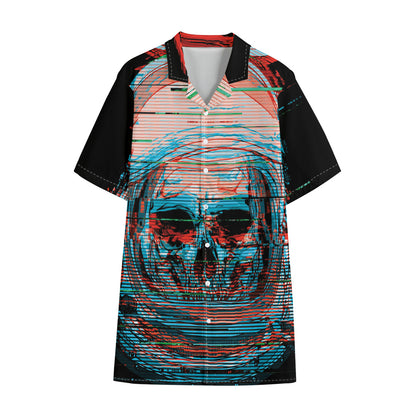Digital Glitch Astronaut Skull Print Cotton Hawaiian Shirt