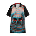 Digital Glitch Astronaut Skull Print Cotton Hawaiian Shirt