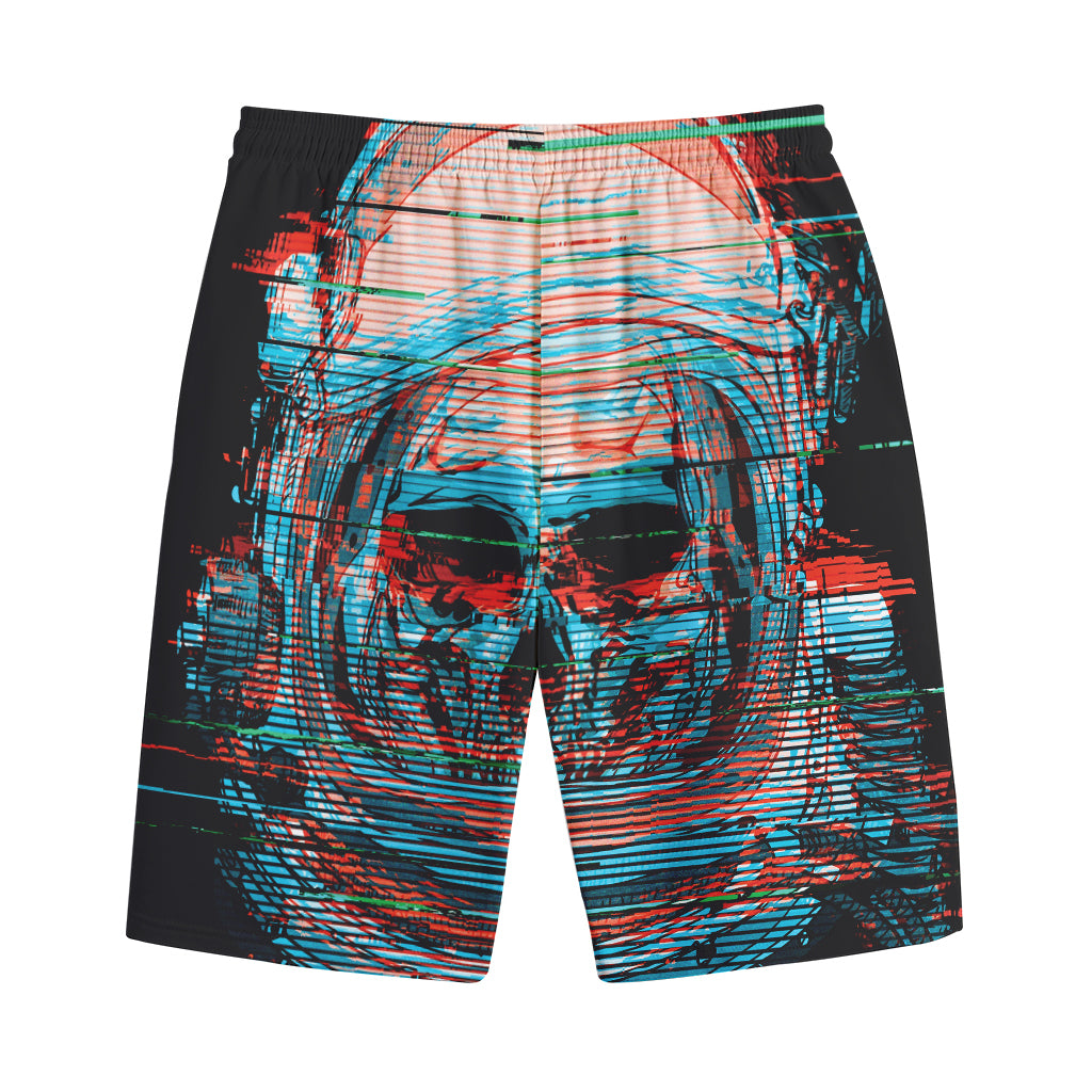 Digital Glitch Astronaut Skull Print Cotton Shorts