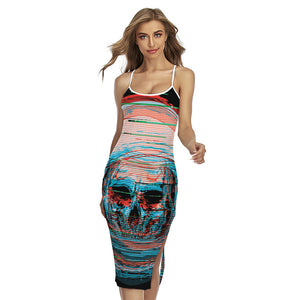 Digital Glitch Astronaut Skull Print Cross Back Cami Dress