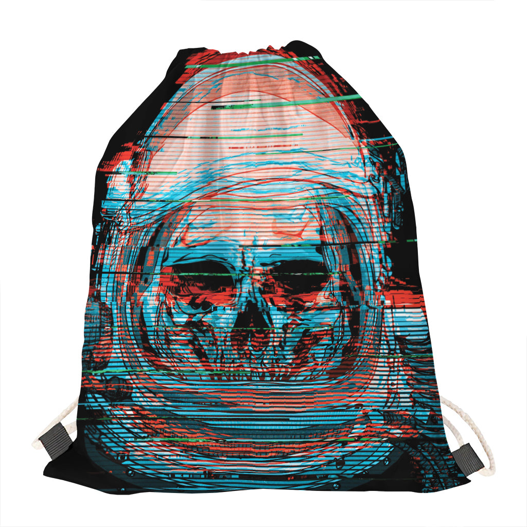 Digital Glitch Astronaut Skull Print Drawstring Bag