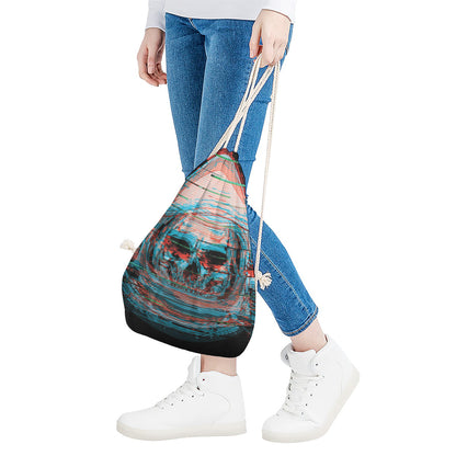 Digital Glitch Astronaut Skull Print Drawstring Bag