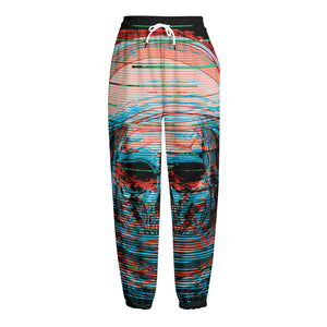 Digital Glitch Astronaut Skull Print Fleece Lined Knit Pants