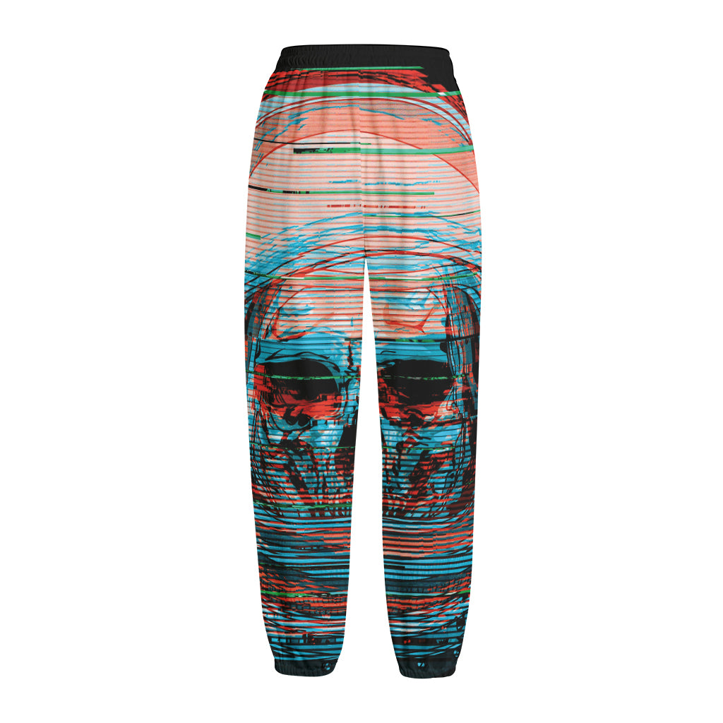 Digital Glitch Astronaut Skull Print Fleece Lined Knit Pants