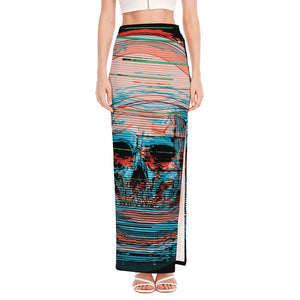 Digital Glitch Astronaut Skull Print High Slit Maxi Skirt