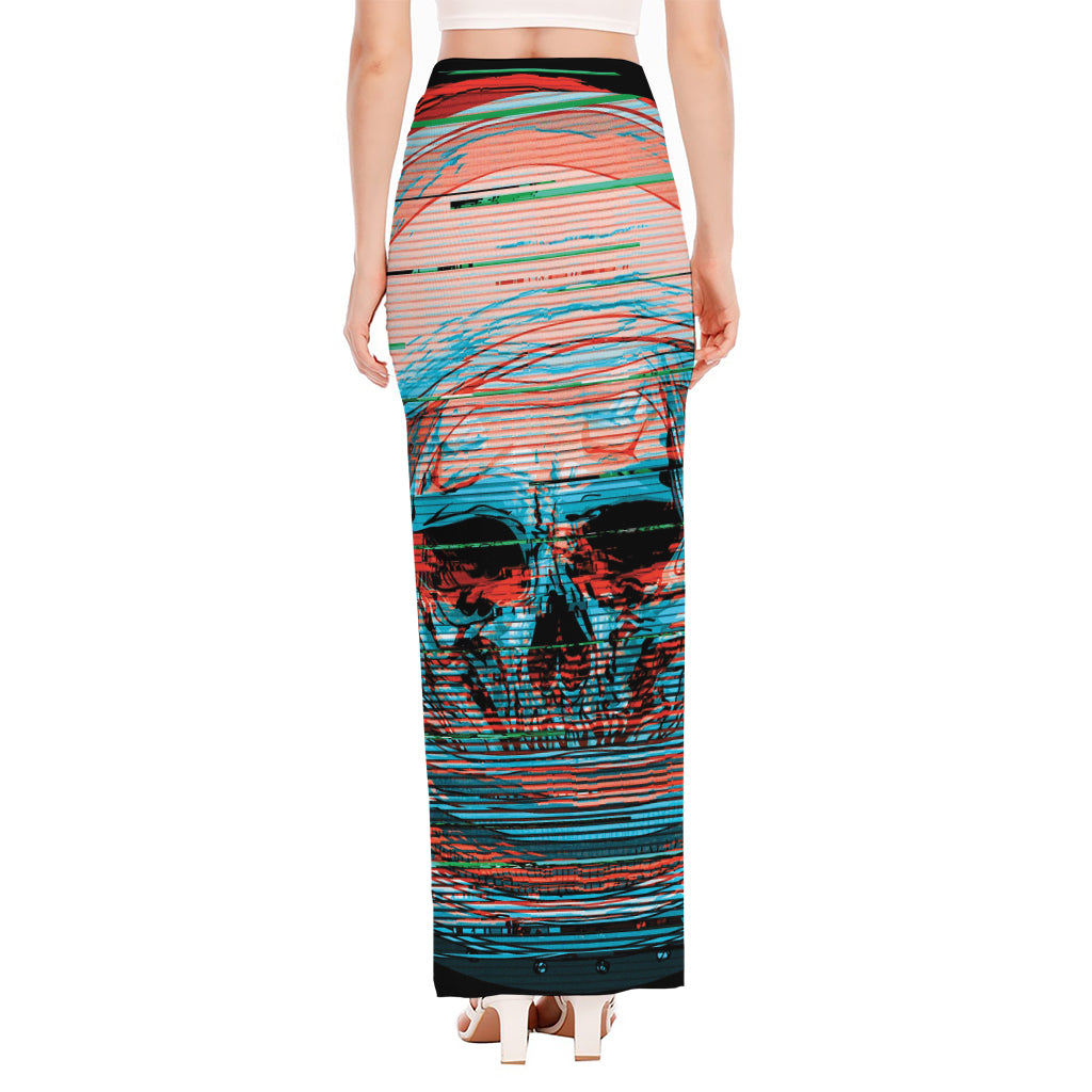 Digital Glitch Astronaut Skull Print High Slit Maxi Skirt