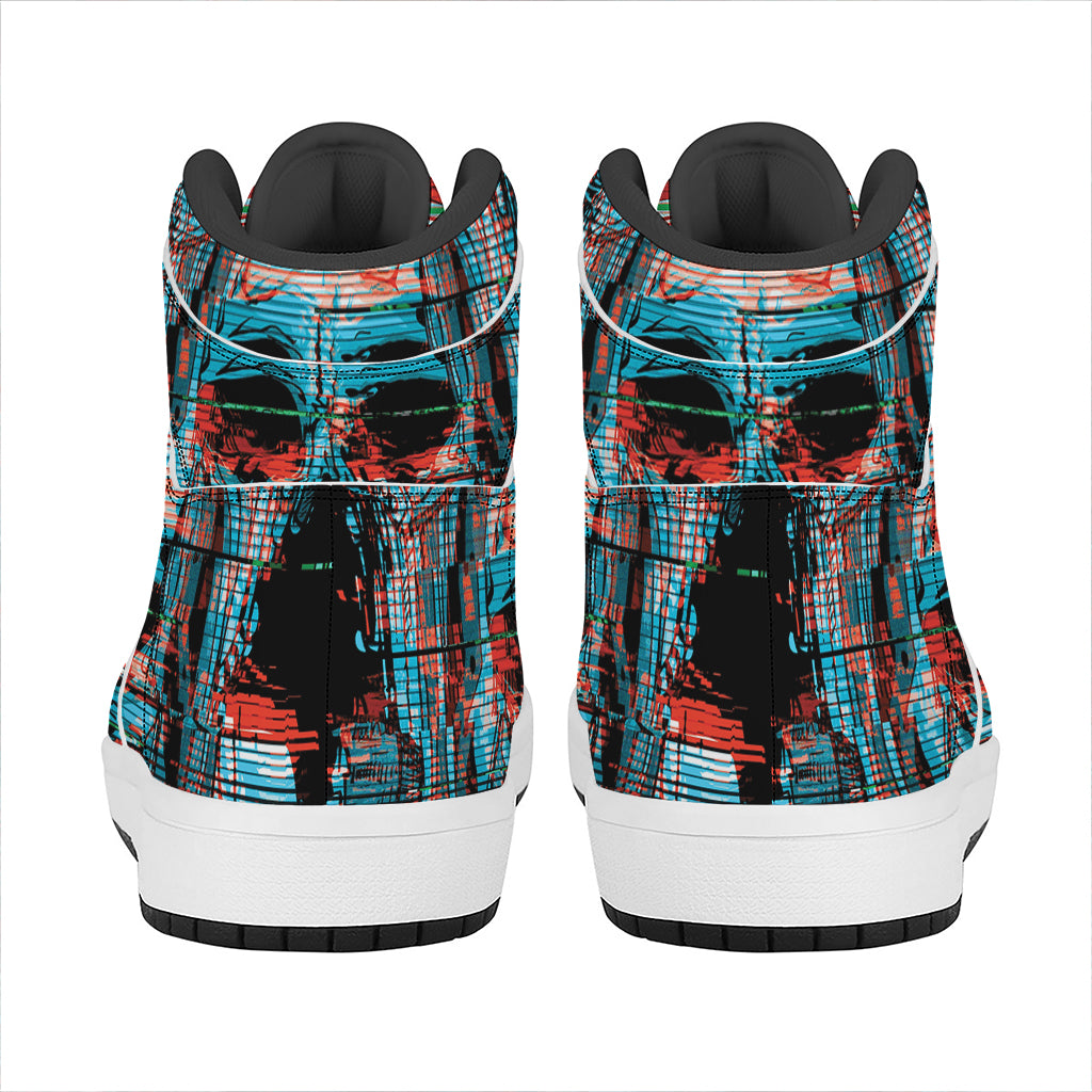 Digital Glitch Astronaut Skull Print High Top Leather Sneakers