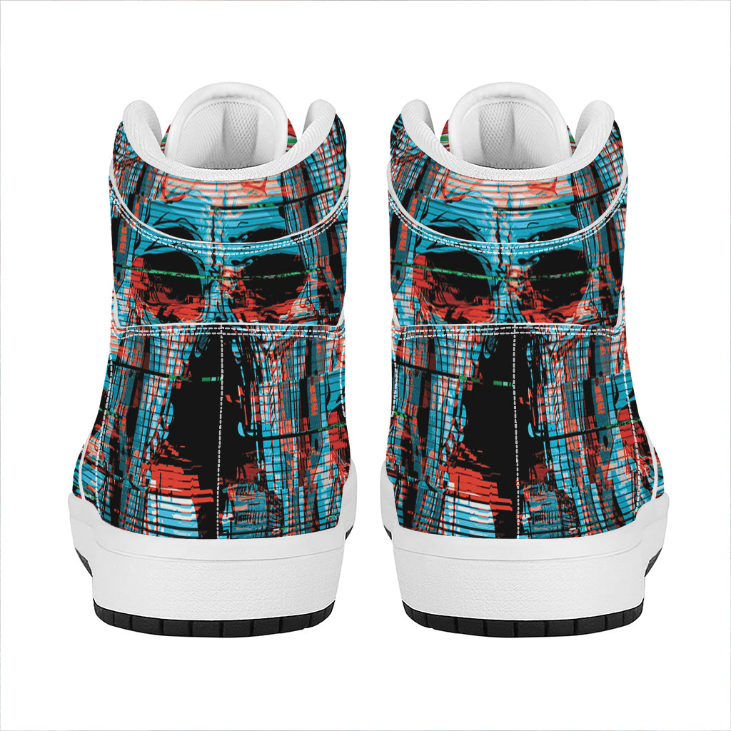 Digital Glitch Astronaut Skull Print High Top Leather Sneakers