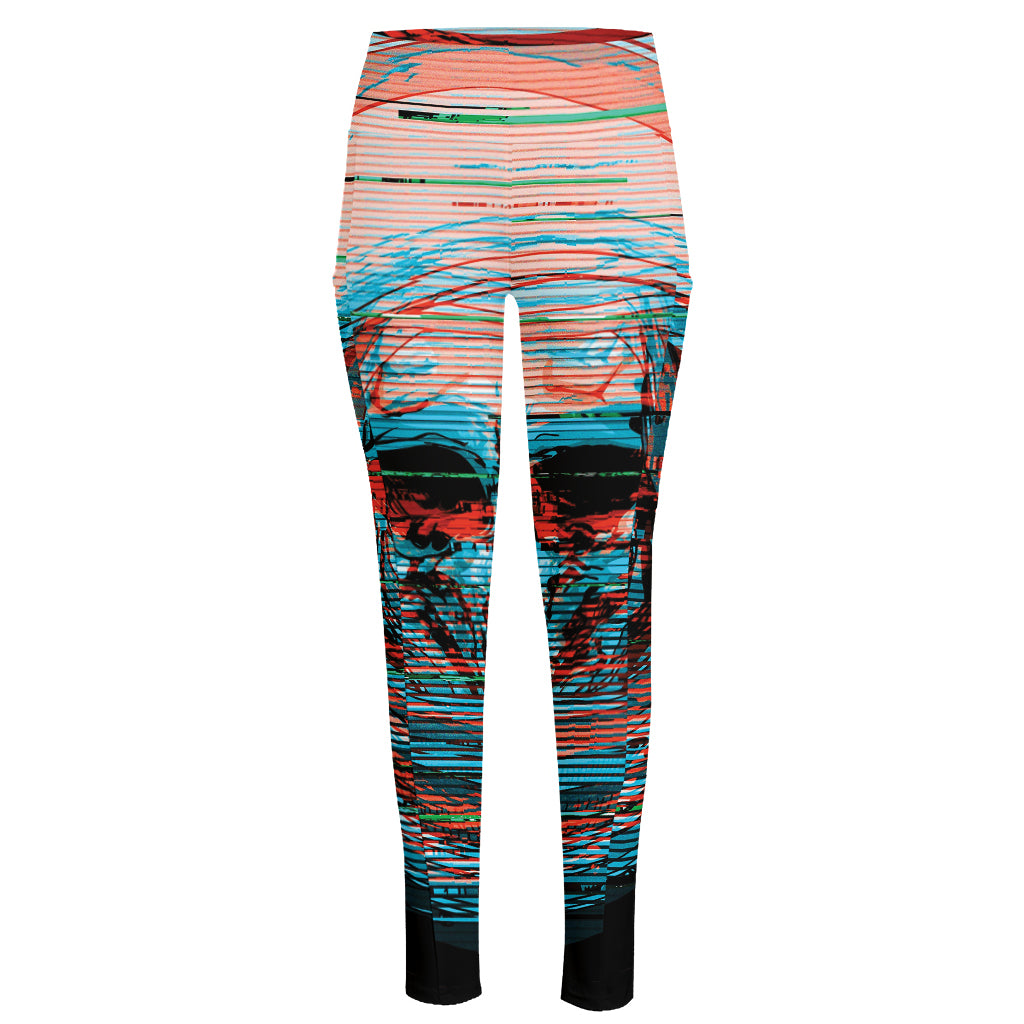 Digital Glitch Astronaut Skull Print High-Waisted Pocket Leggings