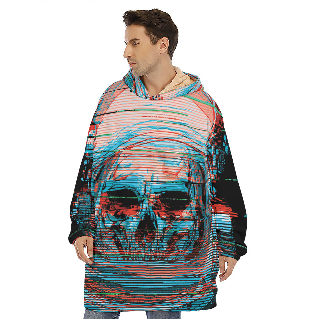 Digital Glitch Astronaut Skull Print Hoodie Blanket