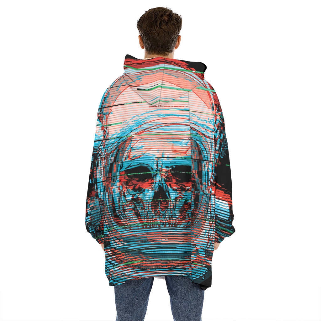 Digital Glitch Astronaut Skull Print Hoodie Blanket