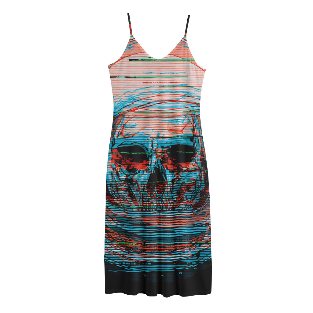 Digital Glitch Astronaut Skull Print Jersey Midi Cami Dress