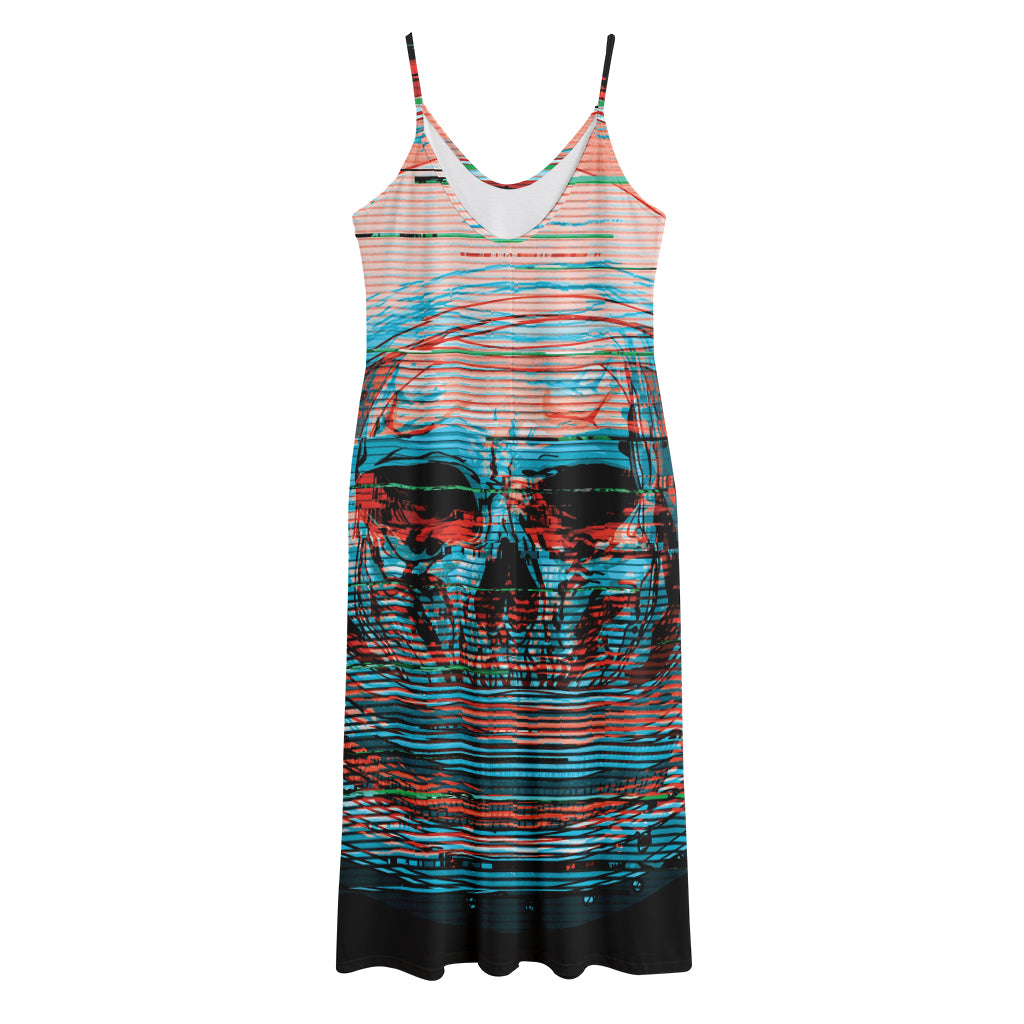 Digital Glitch Astronaut Skull Print Jersey Midi Cami Dress