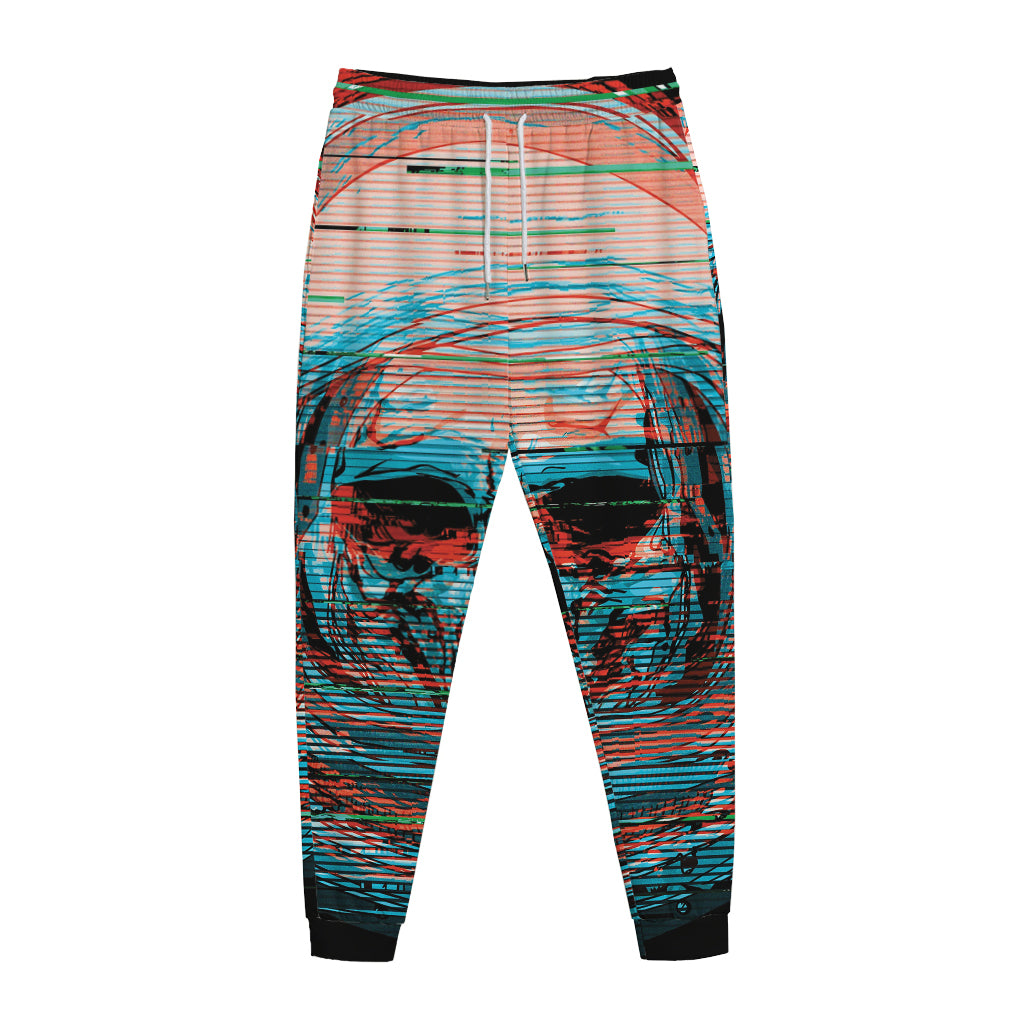 Digital Glitch Astronaut Skull Print Jogger Pants