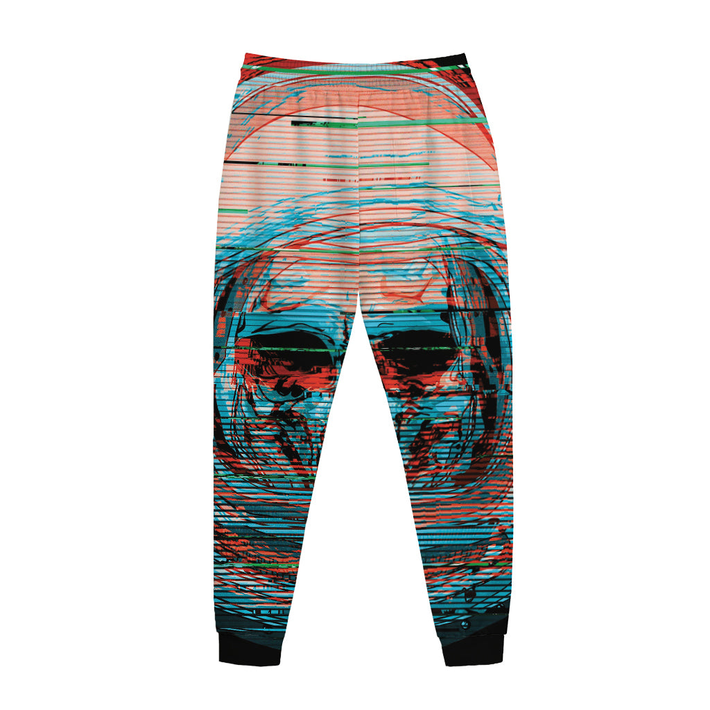 Digital Glitch Astronaut Skull Print Jogger Pants