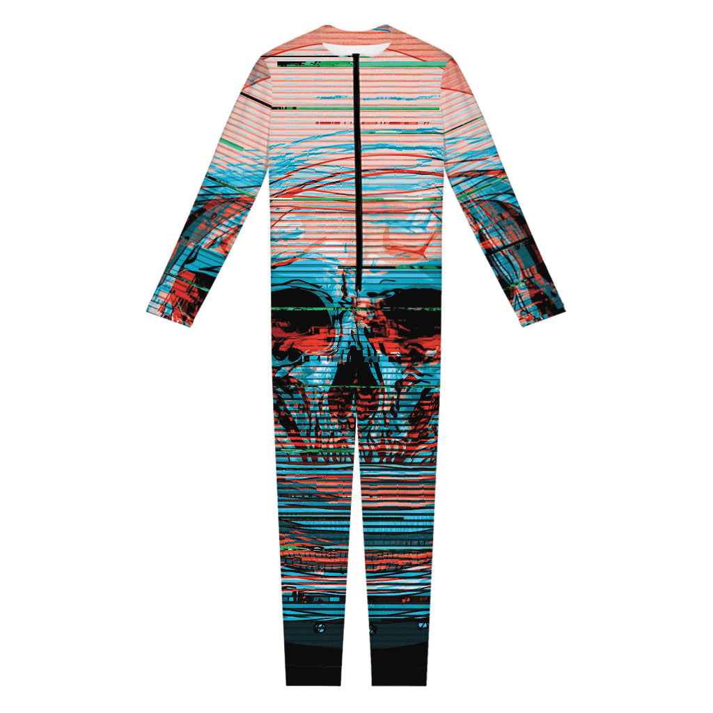 Digital Glitch Astronaut Skull Print Jumpsuit