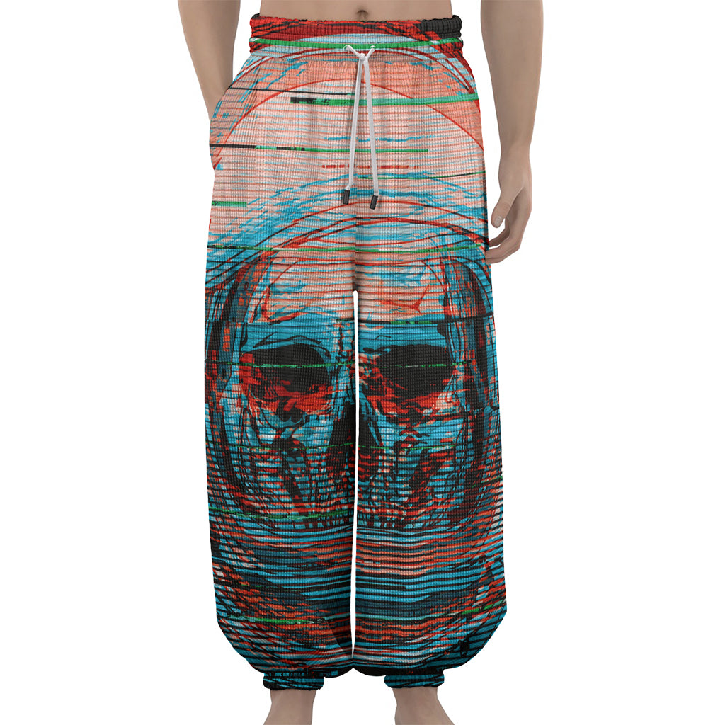 Digital Glitch Astronaut Skull Print Lantern Pants