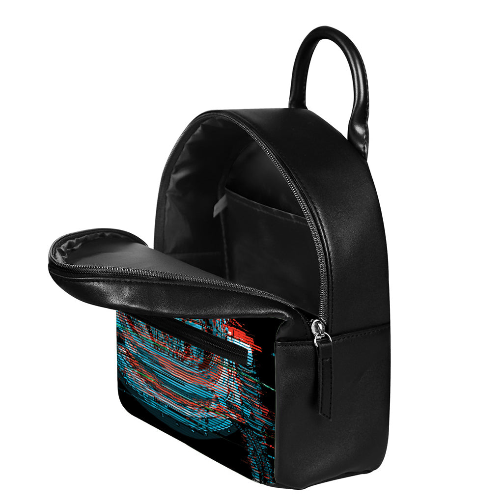 Digital Glitch Astronaut Skull Print Leather Backpack