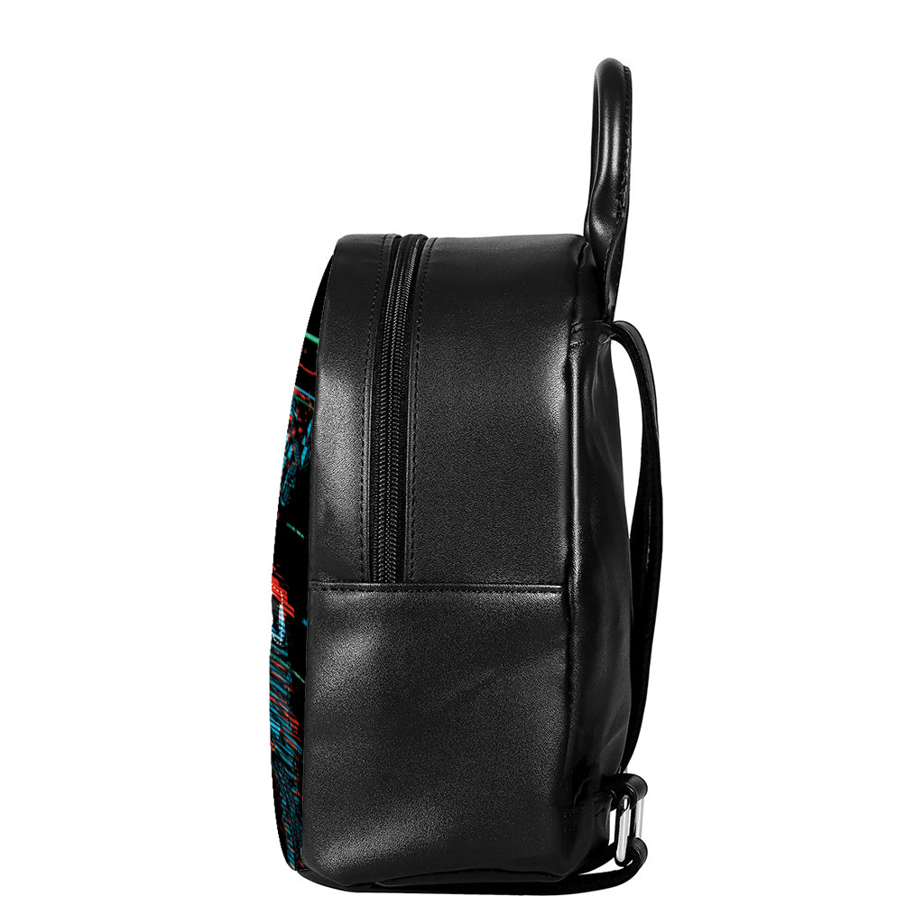 Digital Glitch Astronaut Skull Print Leather Backpack