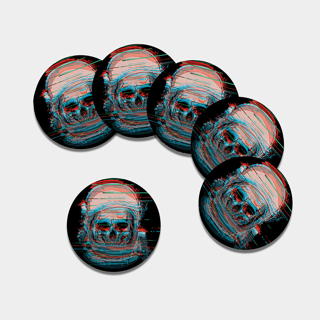 Digital Glitch Astronaut Skull Print Leather Coaster Set
