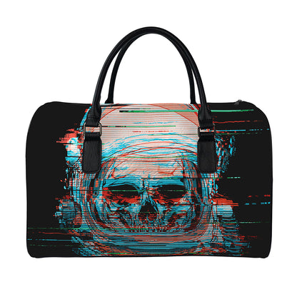 Digital Glitch Astronaut Skull Print Leather Duffle Bag