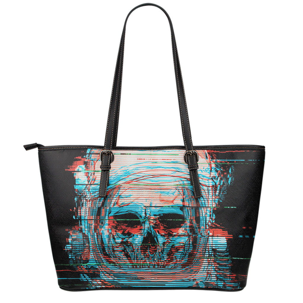 Digital Glitch Astronaut Skull Print Leather Tote Bag